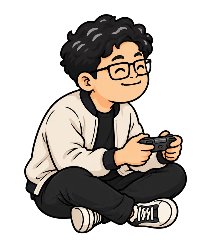 Ajar sitting cross-legged in profile and holding a game controller