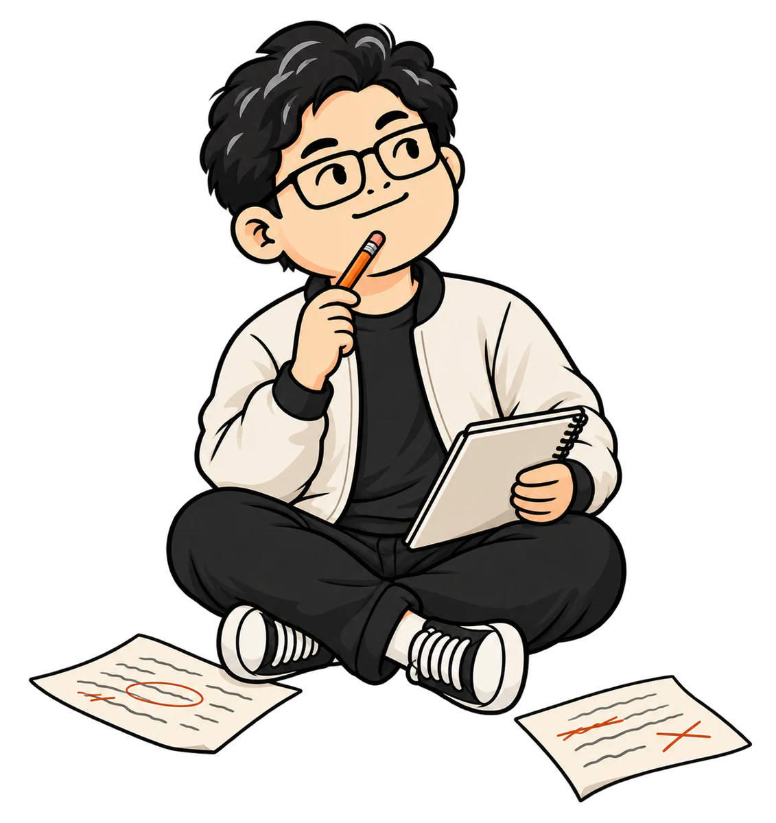 Illustration of Jar sitting cross-legged and drafting notes with a pencil